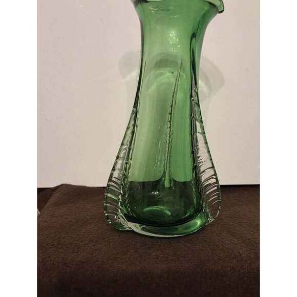 Vintage Handcrafted Green Art Glass Vase 8.5” with Clear Trim Hand Blown - Picture 4 of 14